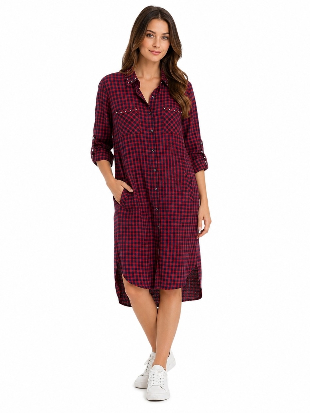 Billy T Studded Plaid Shirt Dress M Lyocell Button Front Hi-Low Tunic Boho